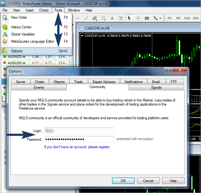 Step 2: Enter your MQL5 account login and password in MT4 terminal settings.