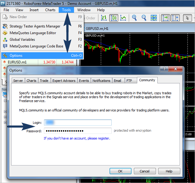 Step 2: Enter your MQL5 account login and password in MT5 terminal settings.